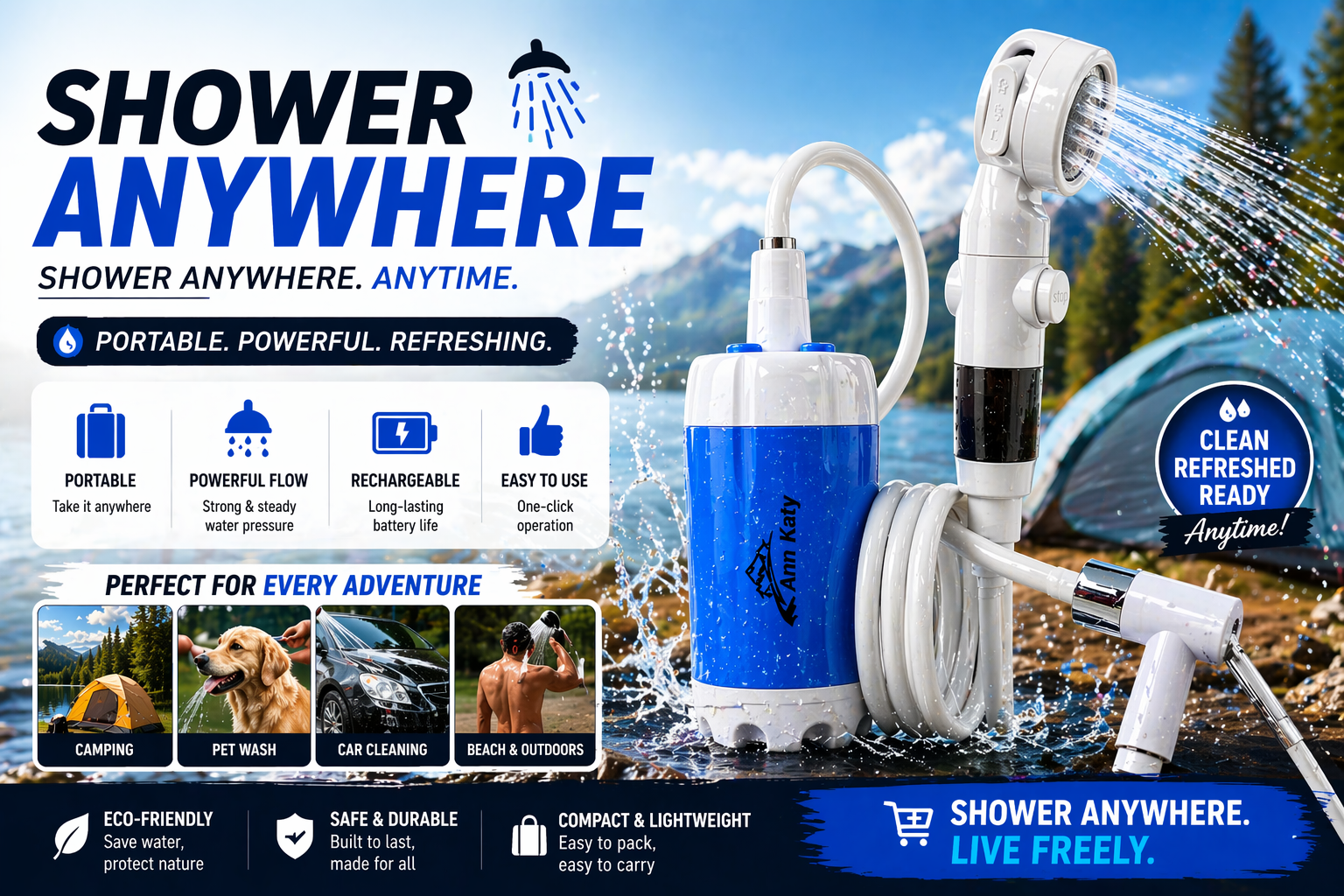 Shower Anywhere portable shower showcased with outdoor adventure features