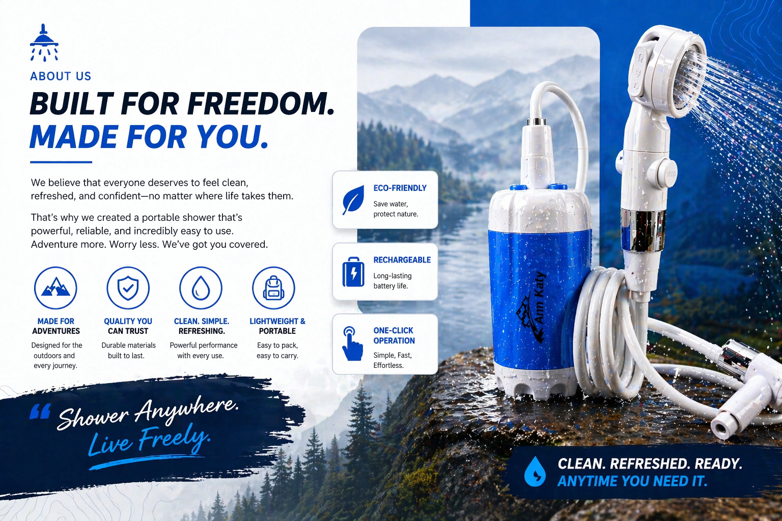 About Shower Anywhere design showing the portable shower in a mountain setting
