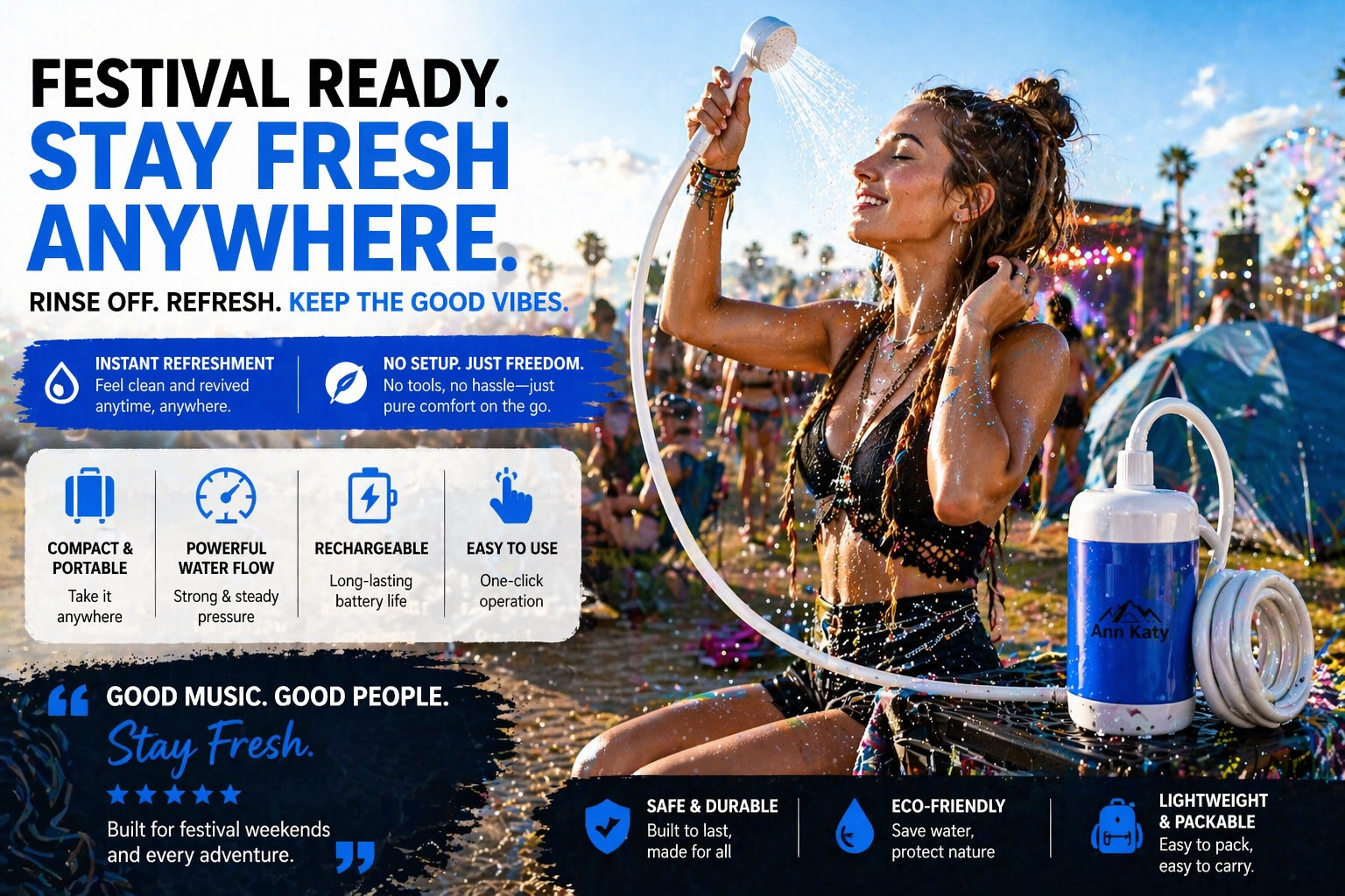 Festival-ready portable shower lifestyle scene
