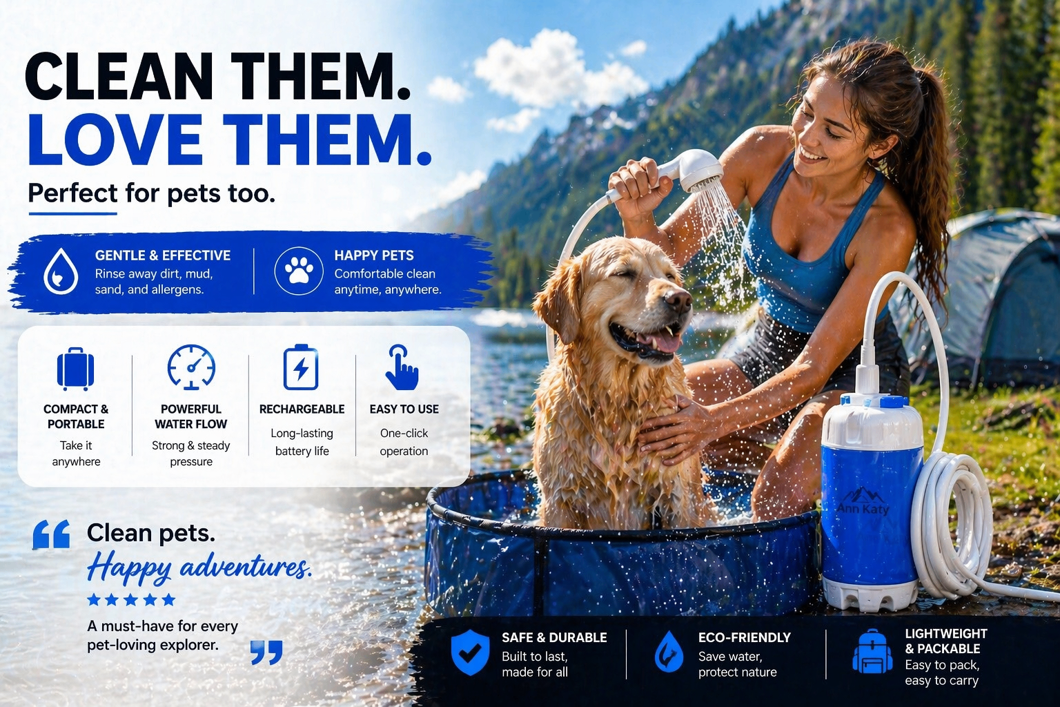Woman rinsing a dog outdoors with a portable shower